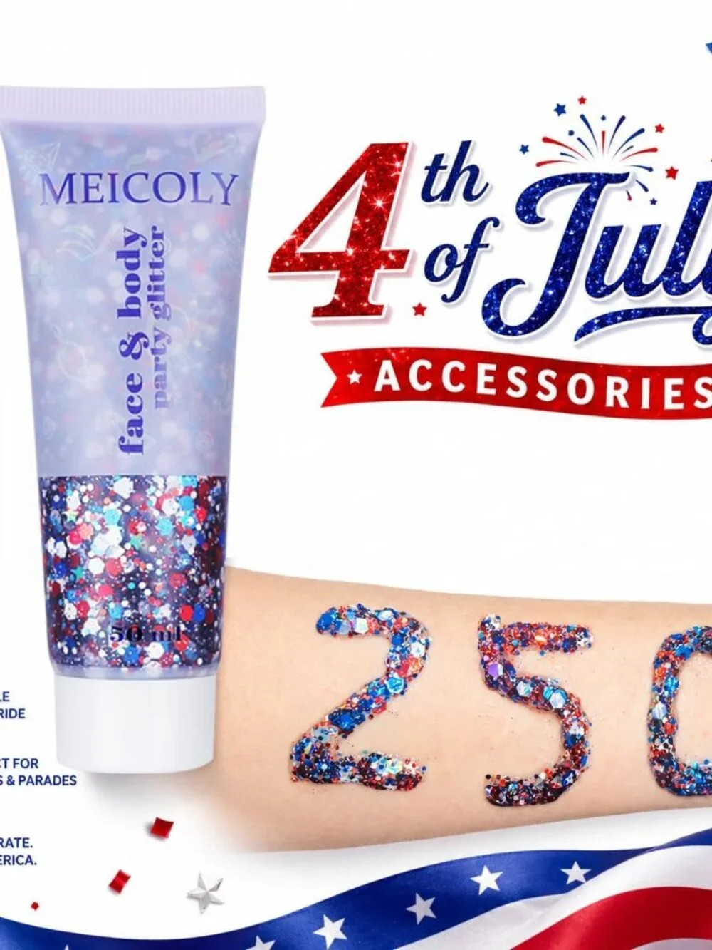 250th Red White and Blue Patriotic Face Glitter,Fourth of July Star Hair Glitter